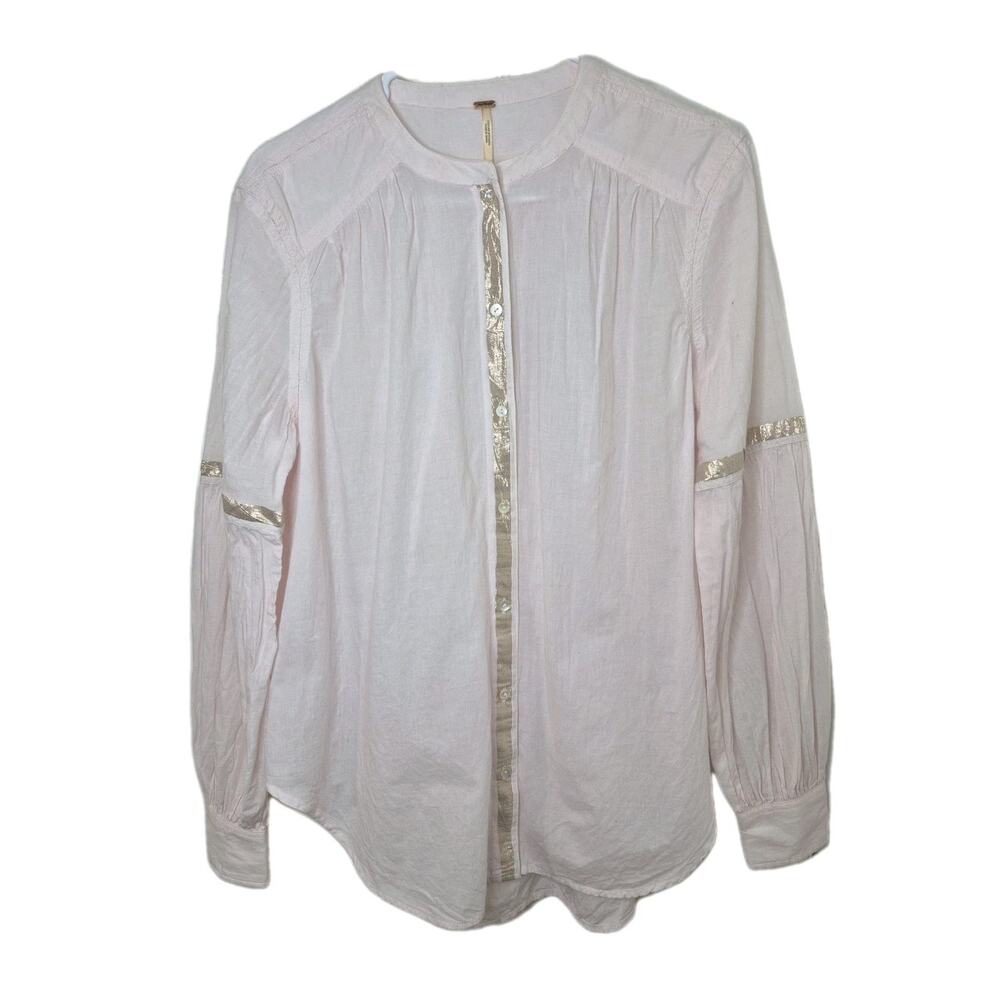 Free People Pink Peasant Top With Gold Metallic Trim, Long Sleeve, Size Small